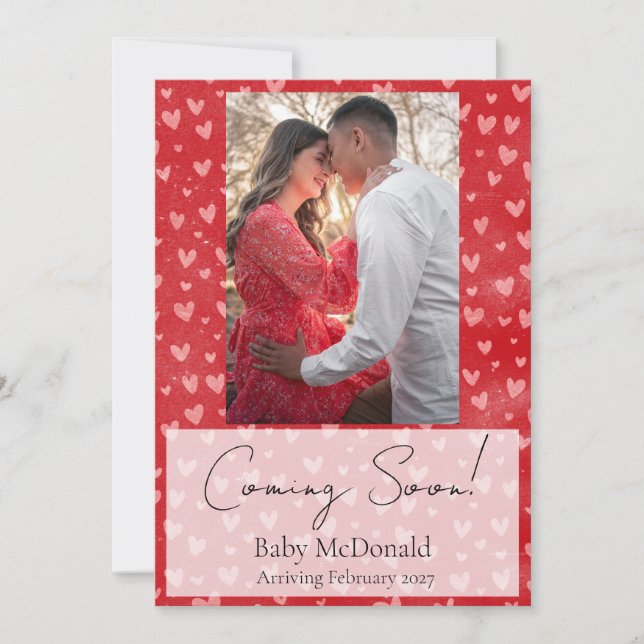red heart script photo pregnancy announcement (Front)