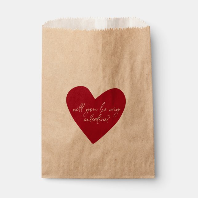 Red Heart Script Valentines Day Kraft Favour Bag (Front)