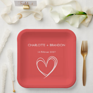 Red Heart Shape Personalise Couple Name and Date   Paper Plate