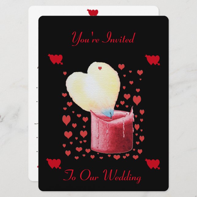 red heart shaped flame romantic wedding invitation (Front/Back)