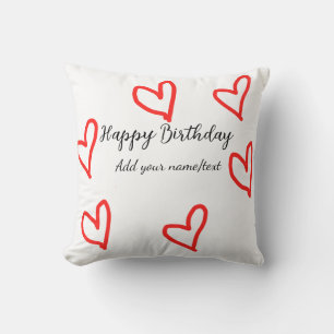 Red heart shapehappy birthday add name text simple cushion
