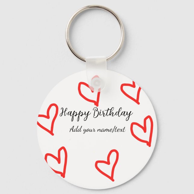 Red heart shapehappy birthday add name text simple key ring (Front)