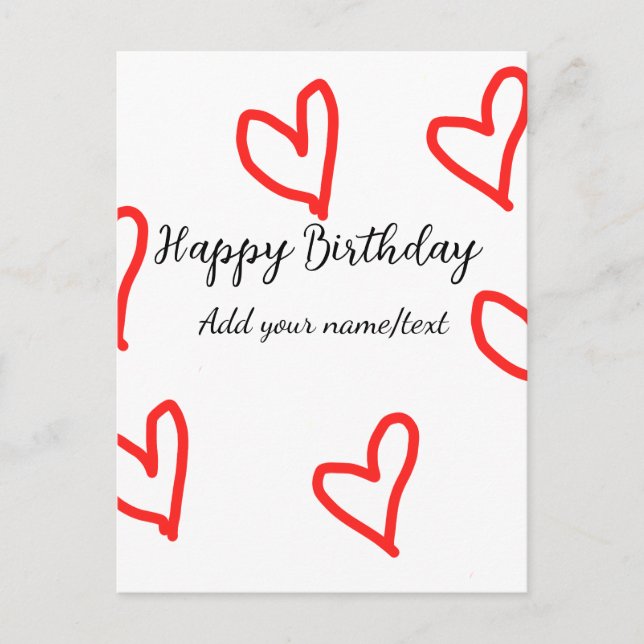 Red heart shapehappy birthday add name text simple postcard (Front)