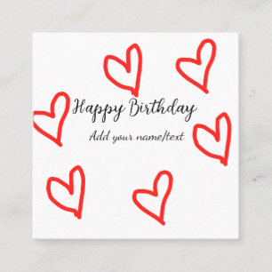 Red heart shapehappy birthday add name text simple square business card
