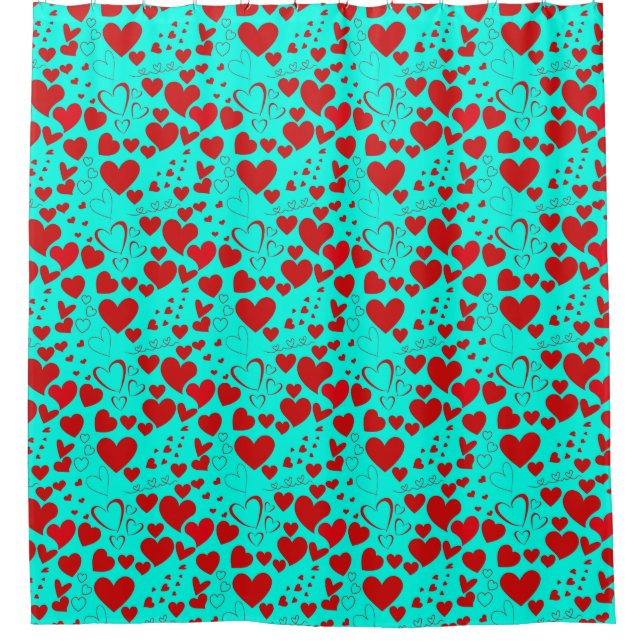 Red Heart Shapes Pattern in Vivid Turquoise Shower Curtain (Front)