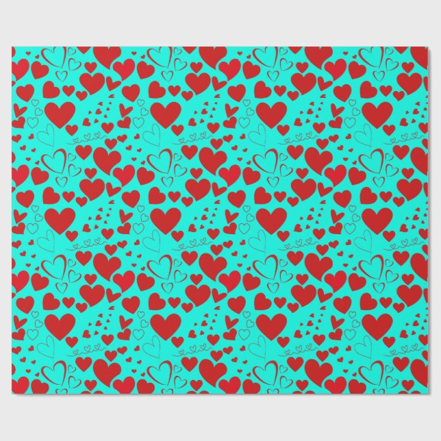 Red Heart Shapes Pattern in Vivid Turquoise Wrapping Paper (Flat)