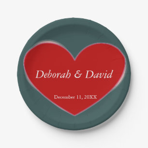 Red Heart Slate Grey Script Wedding Paper Plate