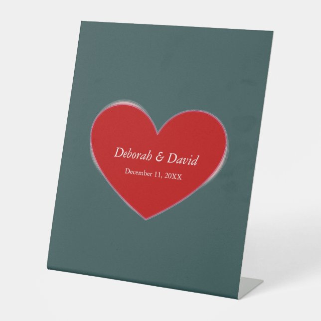 Red Heart Slate Grey Script Wedding Pedestal Sign (Front)