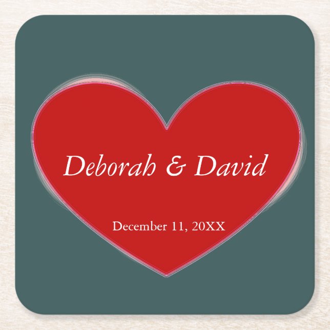 Red Heart Slate Grey Script Wedding Square Paper Coaster (Front)