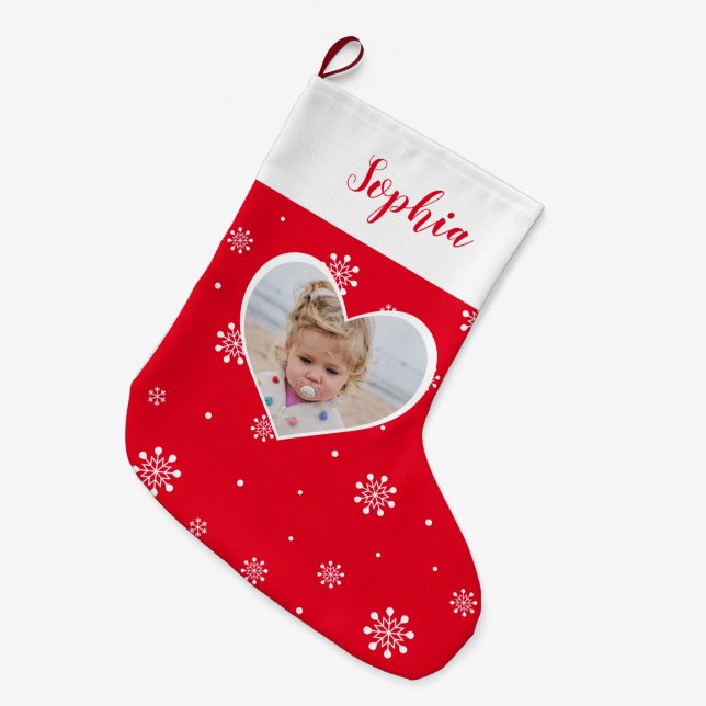 Red Heart & Snowflakes | Christmas Custom Photo Large Christmas Stocking (Front (Hanging))