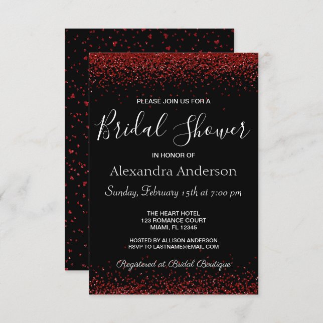 Red Heart Sparkle Glitter Bridal Shower Invitation (Front/Back)
