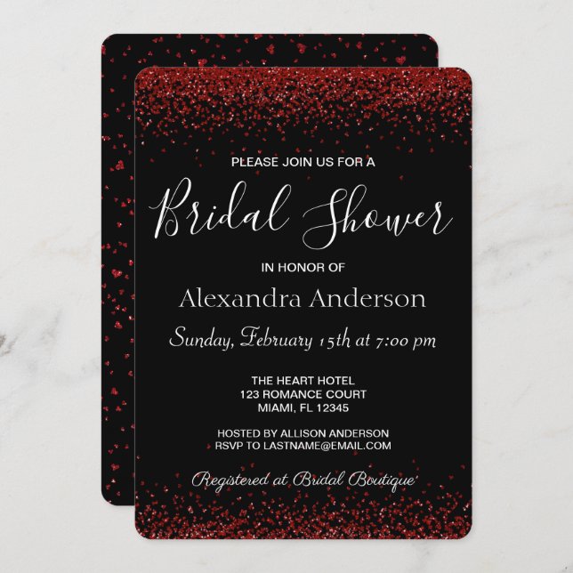 Red Heart Sparkle Glitter Bridal Shower Invitation (Front/Back)