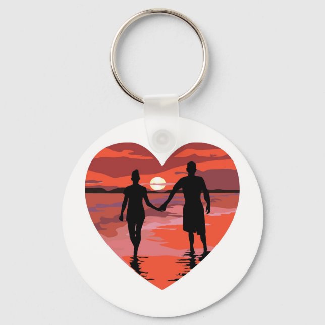 Red Heart Sunset Beach Holding Hands Key Ring (Front)