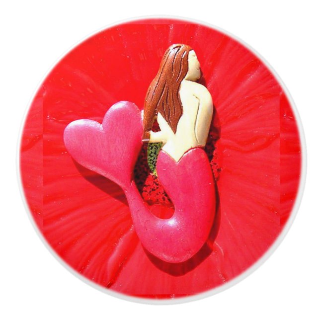 red heart-tailed mermaid ceramic knob (Front)