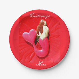 red heart-tailed mermaid paper plate