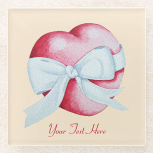 red heart tied with white ribbon bow glass coaster