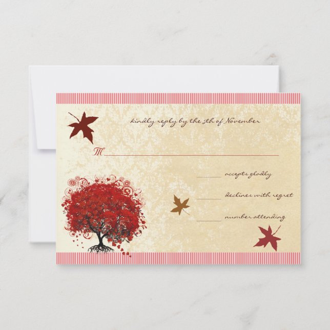 Red Heart Tree Fall Leaves Wedding Invitation (Back)