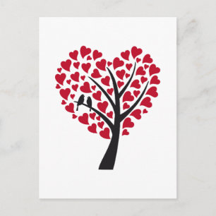 Red heart tree with love birds postcard