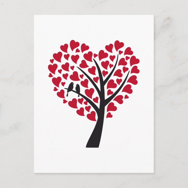 Red heart tree with love birds postcard (Front)
