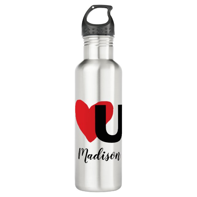 Red Heart U Love Valentine's Day Monogrammed Name 710 Ml Water Bottle (Front)