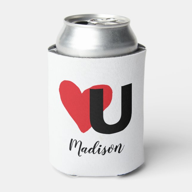 Red Heart U Love Valentine's Day Monogrammed Name Can Cooler (Can Front)