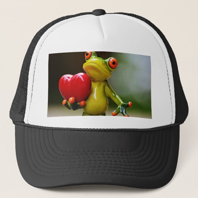 Red Heart Valentine Green Frog Trucker Hat (Front)