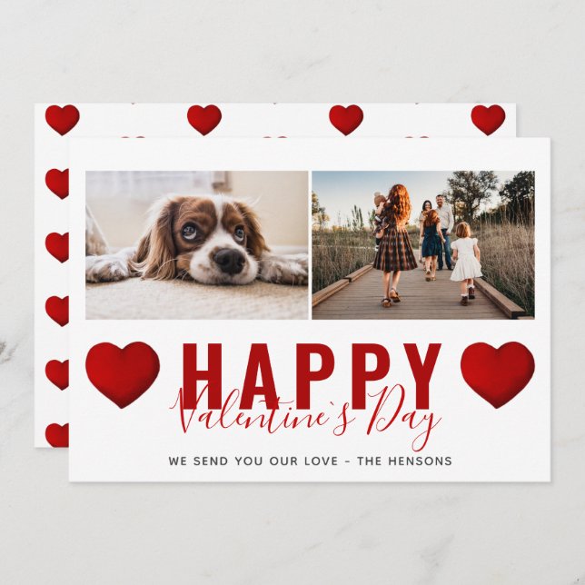 Red Heart Valentine`s Day Script Family Photo Holiday Card (Front/Back)