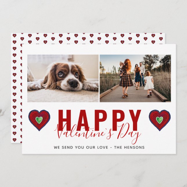 Red Heart Valentine`s Day Script Family Photo Holiday Card (Front/Back)