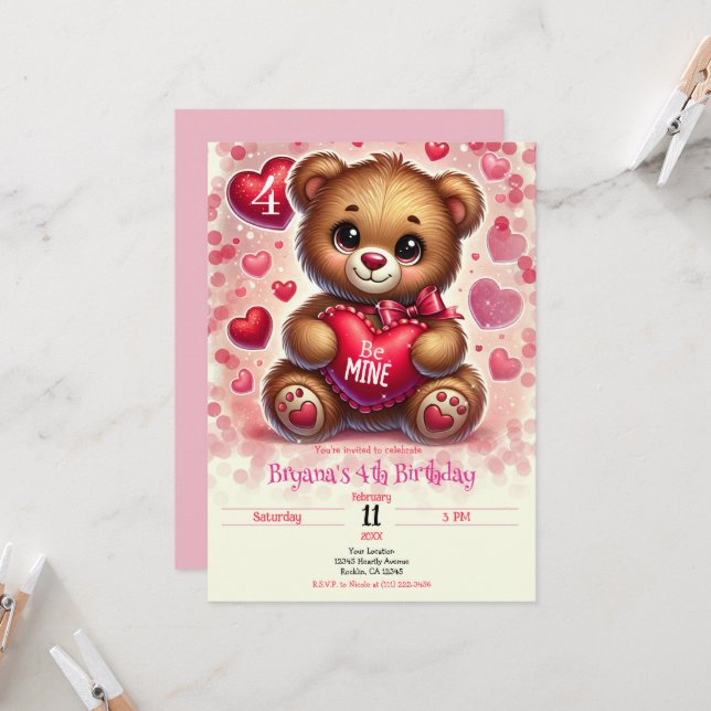 Red Heart Valentine Teddy Bear Birthday Party Invitation (Front/Back In Situ)