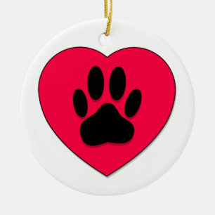 Red Heart With Dog Paw Print Ceramic Ornament