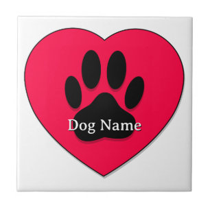 Red Heart With Dog Paw Print Custom Name Ceramic Tile