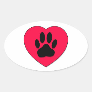 Red Heart With Dog Paw Print Oval Sticker