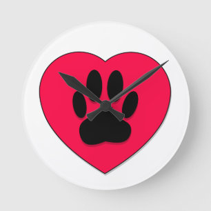 Red Heart With Dog Paw Print Round Clock