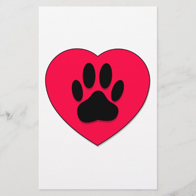 Red Heart With Dog Paw Print Stationery (Front)