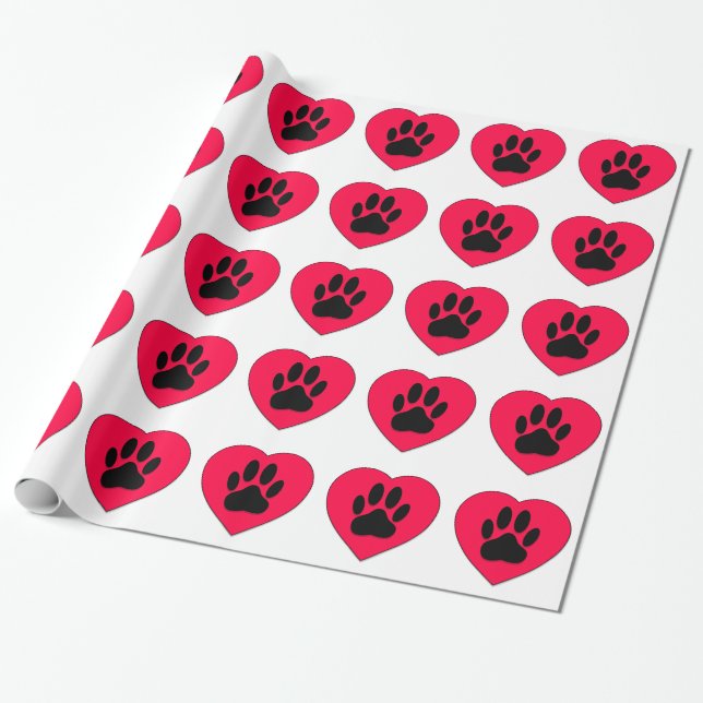 Red Heart With Dog Paw Print Wrapping Paper (Unrolled)