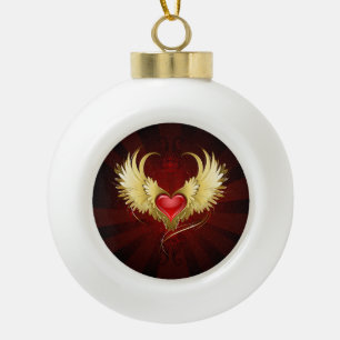 Red Heart with Golden Wings Ceramic Ball Christmas Ornament