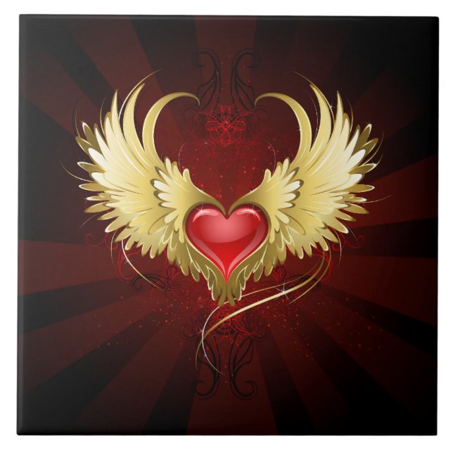 Red Heart with Golden Wings Ceramic Tile (Front)