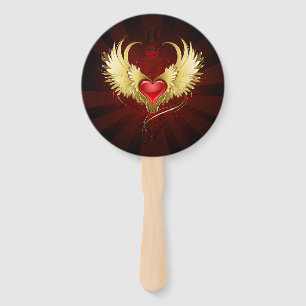 Red Heart with Golden Wings Hand Fan