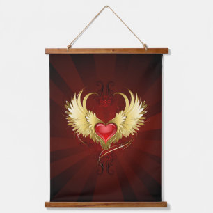Red Heart with Golden Wings Hanging Tapestry