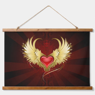Red Heart with Golden Wings Hanging Tapestry