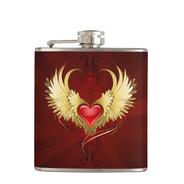 Red Heart with Golden Wings Hip Flask (Front)