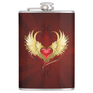 Red Heart with Golden Wings Hip Flask
