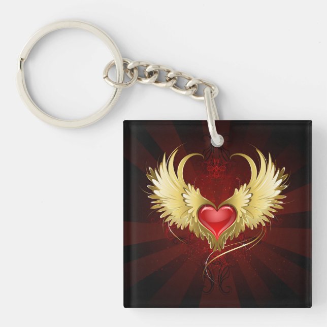 Red Heart with Golden Wings Key Ring (Front)