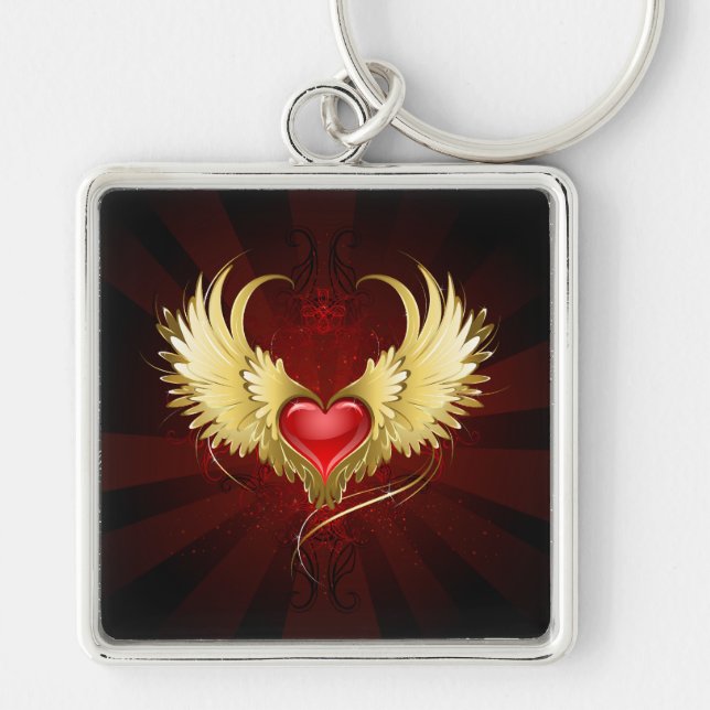 Red Heart with Golden Wings Key Ring (Front)