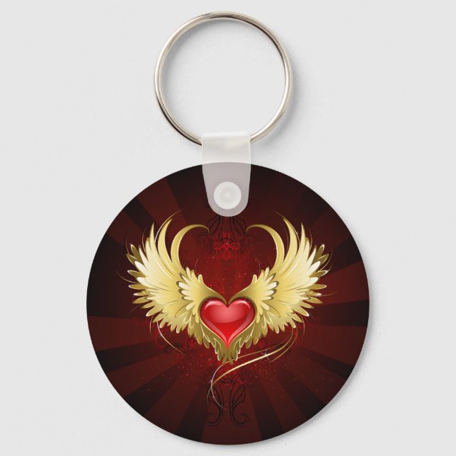 Red Heart with Golden Wings Key Ring (Front)