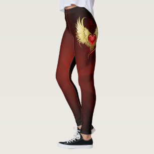 Red Heart with Golden Wings Leggings