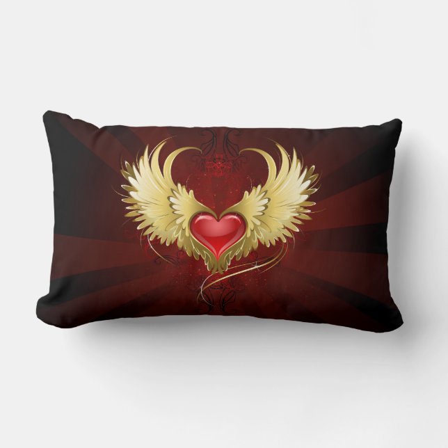 Red Heart with Golden Wings Lumbar Cushion (Front)