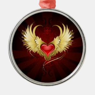 Red Heart with Golden Wings Metal Ornament
