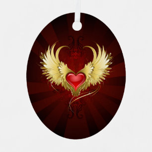 Red Heart with Golden Wings Metal Tree Decoration