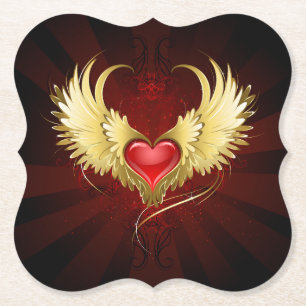 Red Heart with Golden Wings Paper Coaster